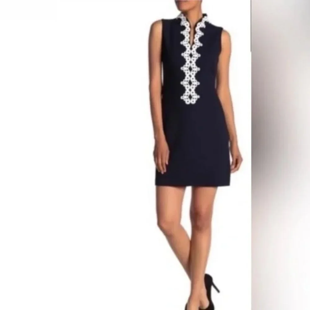 Vince Camuto Navy & White Mandarin Collar Sleeveless Mini Shift Dress Sz 8 - Picture 7 of 9